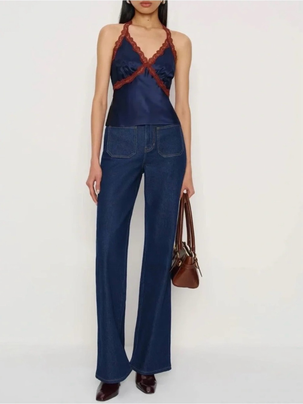 Reformation Monica Silk Top In navy, NEW WITHOUT TAGS, NEVER WORN, NO FLAWS.